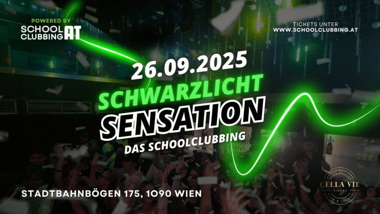 Flyer für SCHWARZLICHT SENSATION, Event in Wien ab 16 Jahren im CellaVie Aviation Club am 26.09.2025
